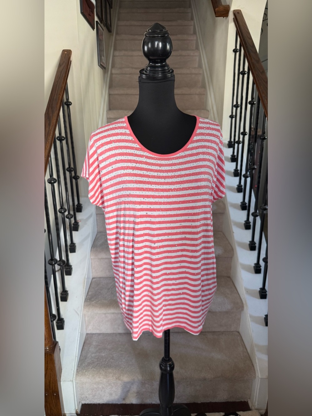 Design History Pink and White Striped Short-Sleeve Tee with Sparkle